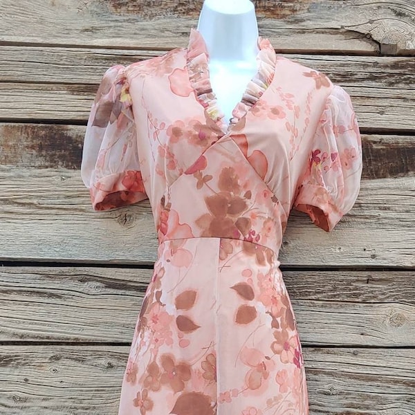 Vintage 1970s Handmade Dress, Pink and Brown Floral Bridesmaid Dress - 2 of 2  Matching