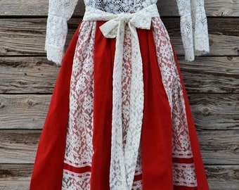 Deadstock Vintage 1960s Red Velvet and White Lace Christmas Skirt by Carefree Fashions Arizona with Detached Sash