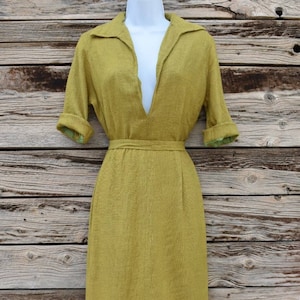 Vintage 1960s Lon of Arizona Pear Green Woven Sheath Dress with Detached Waist Tie