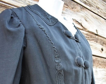 Antique 1910s Black Edwardian Coat with Lace and Filigree Trim