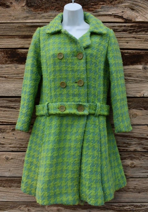 Vintage 1960s Green and Blue Wool Statement Peacoa