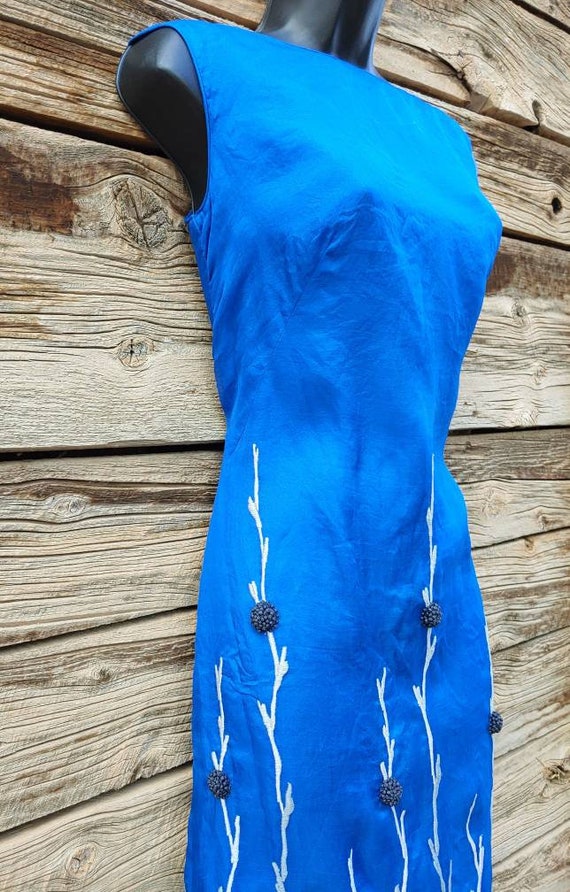 1960s Blue Metallic Thread on Net Feather Dress