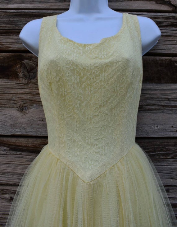 Vintage 1950s Yellow Lace Gown with Tulle Skirt - image 3