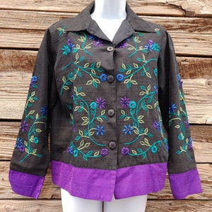 Retro Vintage 1990s Coldwater Creek Beaded Floral Jacket, Blouse or Overshirt Black and Purple image 2