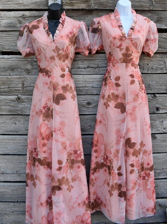 Vintage 1970s Handmade Dress, Pink and Brown Flor… - image 4