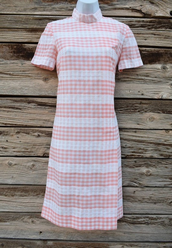 Vintage 1960s Handmade Peach Gingham and Lace Dres