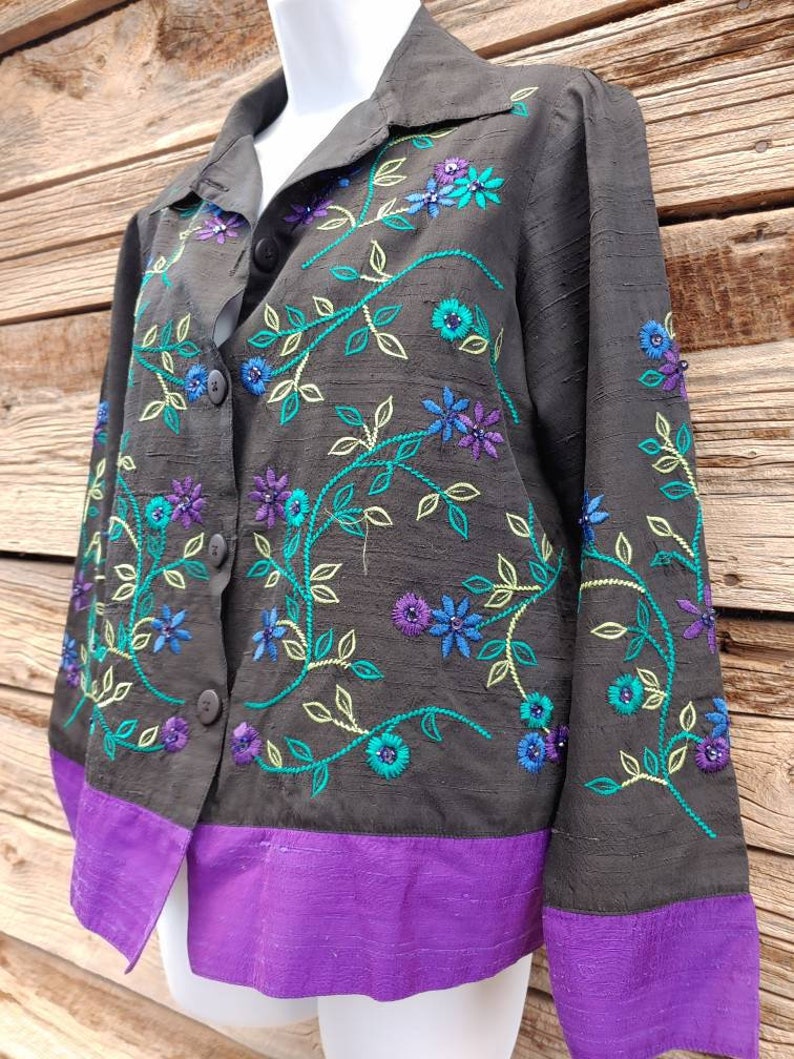 Retro Vintage 1990s Coldwater Creek Beaded Floral Jacket, Blouse or Overshirt Black and Purple image 1