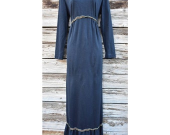 Vintage 1960s / 1970s Longsleeve Black Maxi Dress with Yellow, Orange, and Blue Trim by JC Penney Fashions