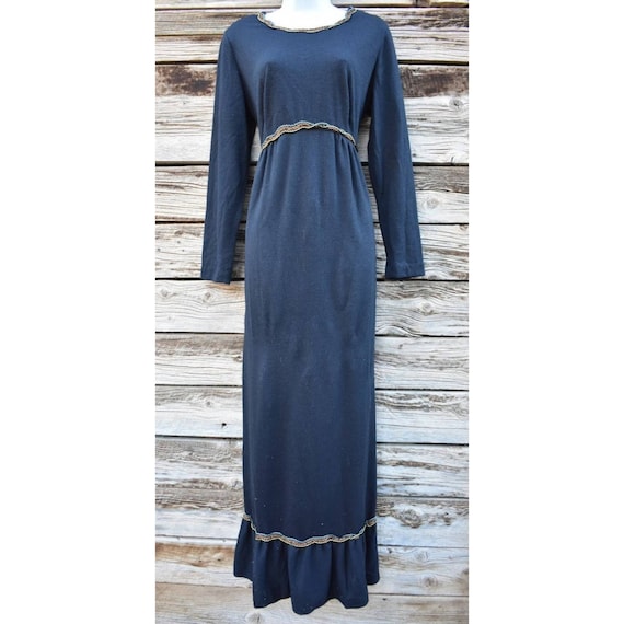 Vintage 1960s / 1970s Longsleeve Black Maxi Dress… - image 1