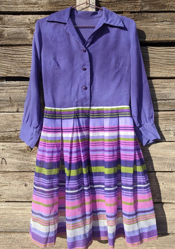 Vintage 1960's Striped Purple and Green Cotton Dr… - image 4