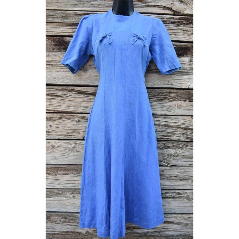 Vintage 1940's / 1950's Blue Trumpet Dress with Bow Detail image 1