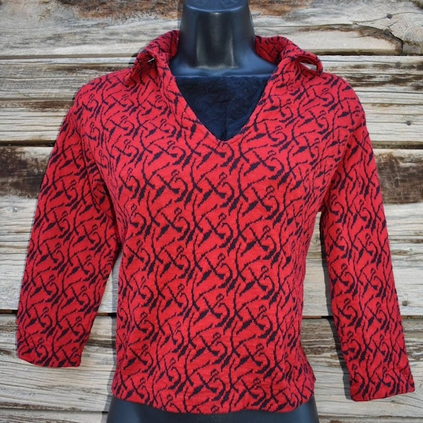 Vintage 1960s Koret of California Red and Black Cropped Sweater / Blouse