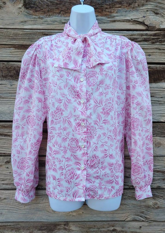 Vintage 1980s Pink Floral Bow Neck Blouse by Alicia
