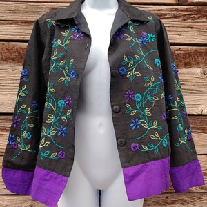 Retro Vintage 1990s Coldwater Creek Beaded Floral Jacket, Blouse or Overshirt Black and Purple image 3