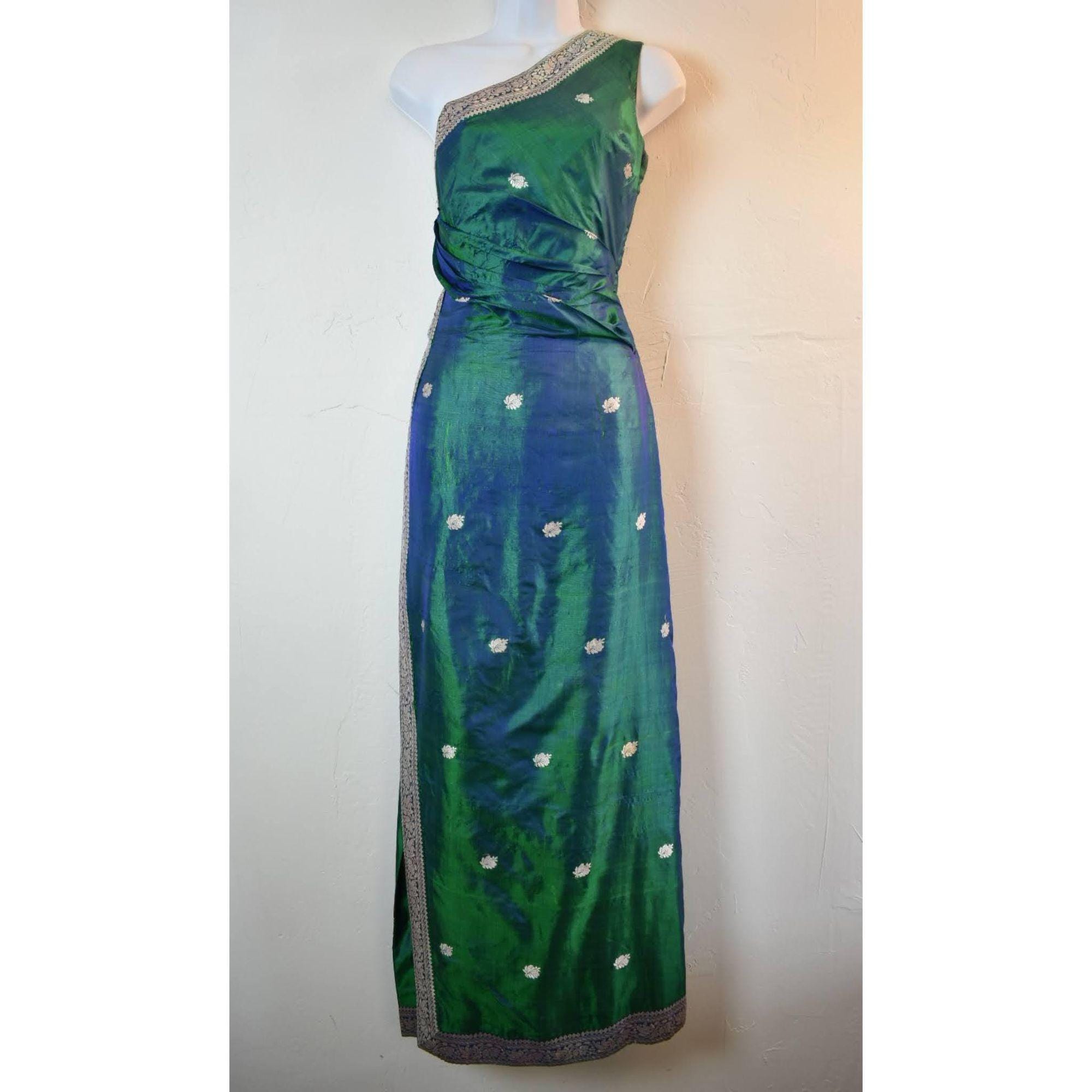 green emerald velvet dress Shop Teal Embroidered Saree Gown main image 1