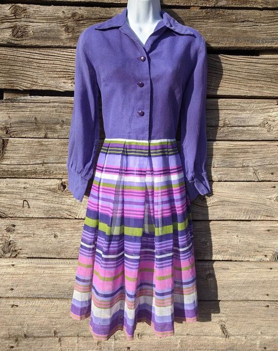 Vintage 1960's Striped Purple and Green Cotton Dr… - image 1