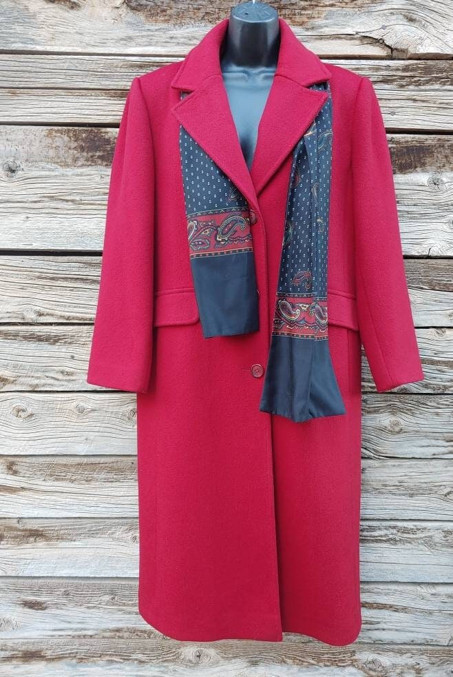 Vintage 1980s Deep Red Wool Coat by Forecaster of Boston with Included Scarf