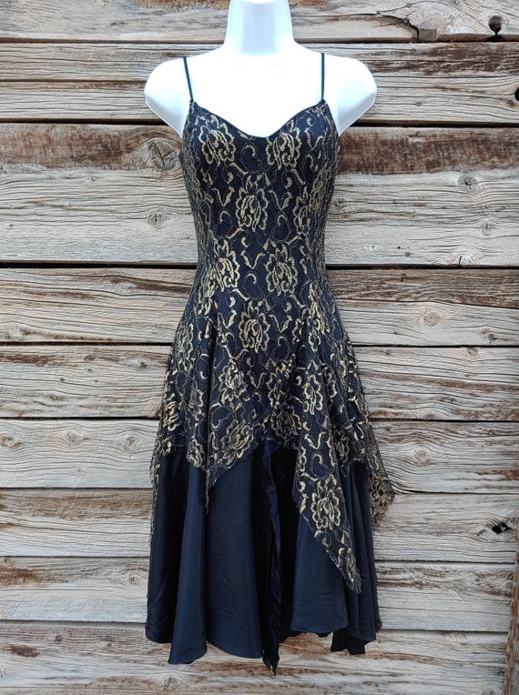 Vintage 1980s Black and Gold Lace and Satin Dress 