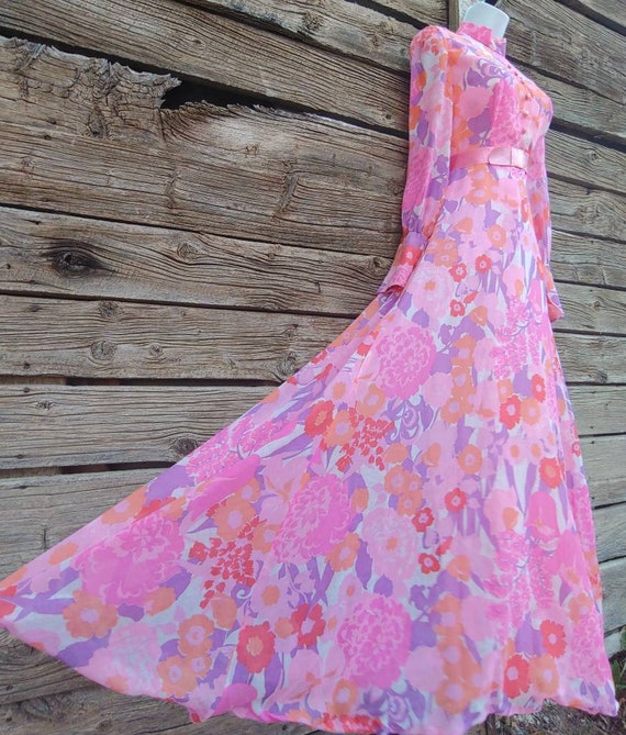 Vintage 1960s Pink and Orange Floral Gown, Long Sl