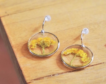Circle earrings, Pressed basket of gold, Alyssum, Real yellow flowers, Modern earrings, Geometrical earrings, Pendant earrings, Botanical