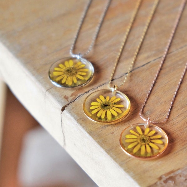 Collier cercle, Véritable fleur jaune, Sanvitalia, 3 couleurs de métal, Résine, Fleur séchée, Fait en France, Fait main à la demande