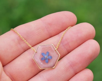 Ketting Vergeet-me-niet Ketting verguld roségoud, geelgoud of rhodium, juweel geometrische hars Botanisch juweel Echte blauwe bloem Geperste bloem Blauw