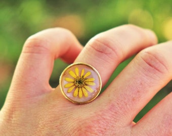 US size 7 only / Real Sanvitalia flower Pressed flower ring Circle ring 3 metal colors Botanical Resin ring Minimalis ring Yellow daisy