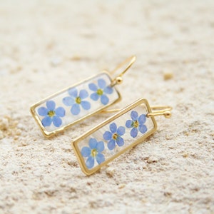 Pressed Forget-me-nots earrings Gold plated Wedding earrings Wedding pressed flowers Gift for her Romantic Blue flower Boho earrings Boheme