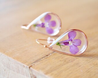 Boucles d'oreilles Vraies fleurs Lobélies violettes Forme goutte Bijou Géometrique en Résine Bijou botanique Bijou terrarium Bohème Naturel