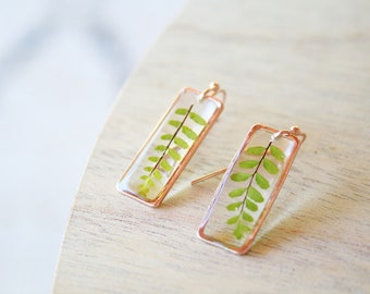 Fern earrings Veritable fern leaves Geometrical earrings Minimalist jewelry Nature jewels Gift for her Fern in resin Elegant earrings