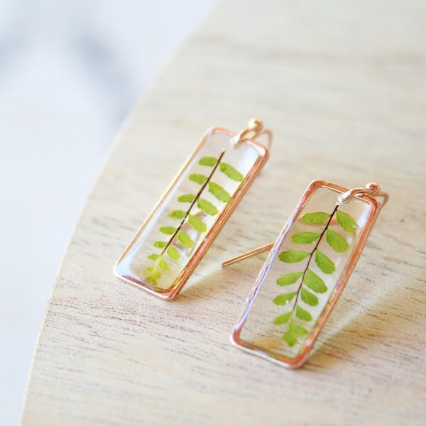 Fern earrings Veritable fern leaves Geometrical earrings Minimalist jewelry Nature jewels Gift for her Fern in resin Elegant earrings