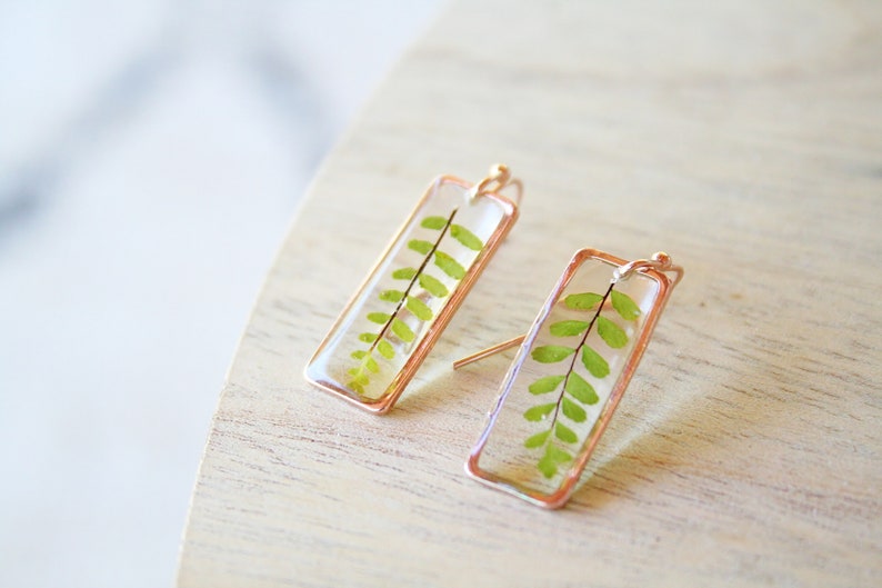 Fern earrings Veritable fern leaves Geometrical earrings Minimalist jewelry Nature jewels Gift for her Fern in resin Elegant earrings image 1