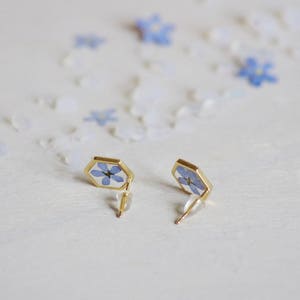 Forget me not Hexagonal Earrings Pressed flowers earrings Resin jewellery Botanical Jewelry Dried myosotis Flower resin Minimalist earrings image 2