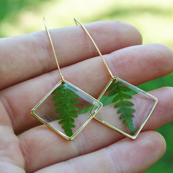 Diamond earrings, Pressed fern leaves, 3 metal colors, Minimalist shapes, Resin jewellery, Resin fern earrings, Terrarium, green leaves