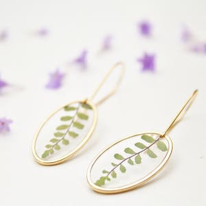 Fern earrings Veritable fern leaves Geometrical earrings Minimalist jewelry Nature jewels Gift for her Fern in resinoval earrings Pendant