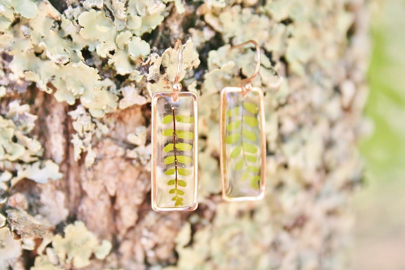 Fern earrings Veritable fern leaves Geometrical earrings Minimalist jewelry Nature jewels Gift for her Fern in resin Elegant earrings image 6