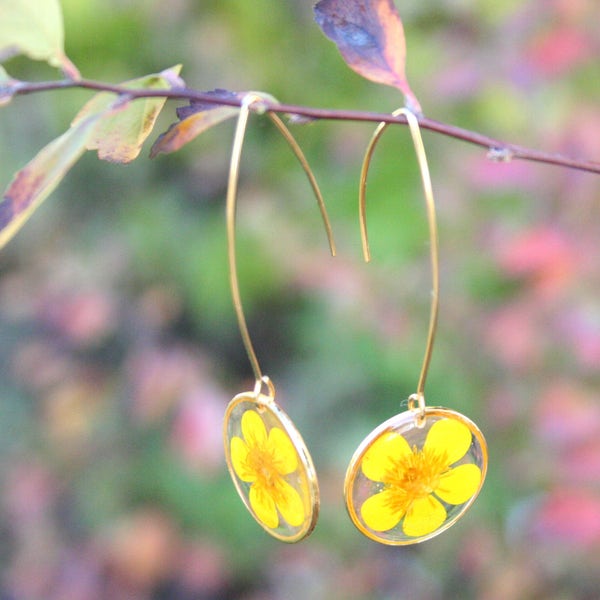 Boucles d'oreille bouton d'or Fleur résine Plaqué or 16K Boucles d'oreilles pendantes Rondes Cercle en or Dormeuses Géométrique Minimaliste