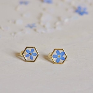 Forget me not Hexagonal Earrings Pressed flowers earrings Resin jewellery Botanical Jewelry Dried myosotis Flower resin Minimalist earrings image 1