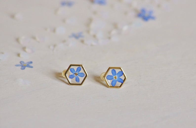 Forget me not Hexagonal Earrings Pressed flowers earrings Resin jewellery Botanical Jewelry Dried myosotis Flower resin Minimalist earrings image 1