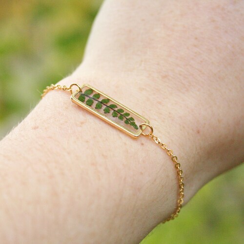 Real fern bracelet Resin bracelet Rectangle shape Gold plated 16K Pressed fern leaf Real leaves bracelet Green gift Gift for her Geometric