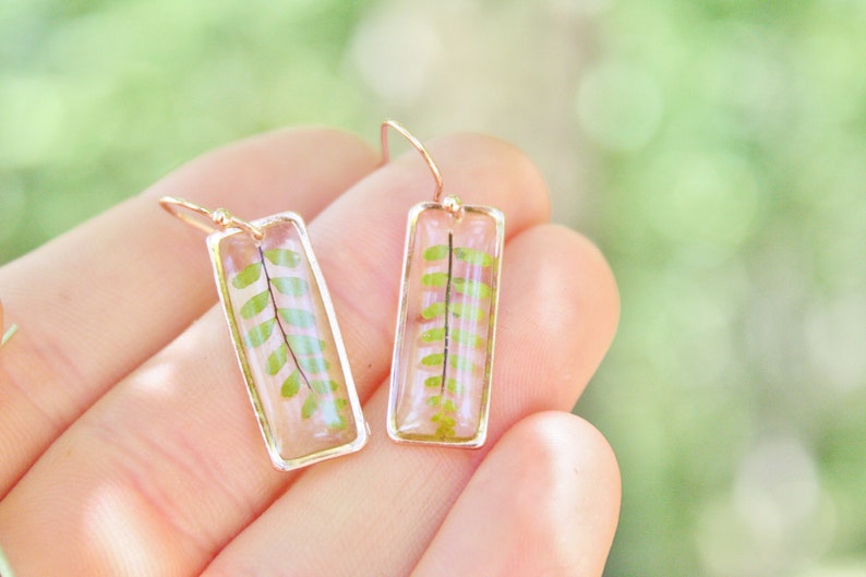 Fern earrings Veritable fern leaves Geometrical earrings Minimalist jewelry Nature jewels Gift for her Fern in resin Elegant earrings image 4