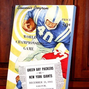 May include: A vintage souvenir program for the Green Bay Packers vs. New York Giants World Championship Game on December 31, 1961 at Green Bay City Stadium. The program features a drawing of a Green Bay Packers player running with the football. The price of the program is 50 cents.