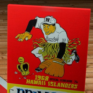 May include: A vintage 1968 Hawaii Islanders baseball scorebook with a cartoon illustration of a baseball player wearing a lei and holding a glove. The scorebook is red with yellow and black accents. The text "1968 Official Scorebook 25c Hawaii Islanders" is printed on the front. The text "Primo The light, golden beer of Hawaii. Original Exclusive Formula - 1897" is printed on the bottom of the scorebook.