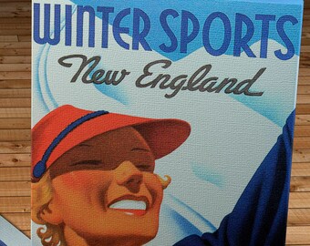 1937 Vintage New England Winter Sports Travel Poster - New Haven Railroad - Canvas Gallery Wrap