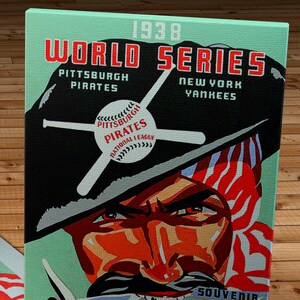 May include: A vintage 1938 World Series souvenir program featuring a cartoon pirate with a red face and a black eye patch. The program is for the Pittsburgh Pirates vs. the New York Yankees. The text "FORBES FIELD. PITTSBURGH" is at the bottom of the program.