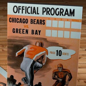 May include: A vintage program for a football game between the Chicago Bears and Green Bay Packers. The program features a drawing of two football players in action. The text on the program reads "OFFICIAL PROGRAM", "CHICAGO BEARS VS. GREEN BAY", "PRICE 10 CENTS", and "SUNDAY, SEPT. 24th".