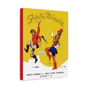 Può includere: Un poster vintage con sfondo giallo e bordo rosso. Il poster presenta personaggi dei cartoni animati e il testo "Forty Niners vs. New York Yankees September 8, 1946". Il prezzo è di 25 centesimi.