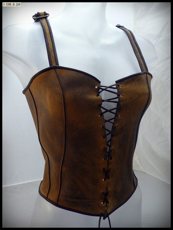 Bustier style médieval cuir marron vieilli -  France