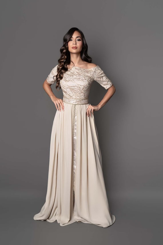 evening caftan dress Royal Blue & Gold Moroccan Kaftan Luxury Aari Hand-Embroidered Nikkah & Evening Dress