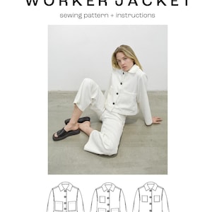 Puede incluir: Un patrón de costura para una chaqueta de trabajo. El patrón incluye instrucciones e ilustraciones de la chaqueta en tres estilos diferentes. El texto en la imagen dice "_advanced beginner", "UNISEX", "XXS-5XL", "WORKER JACKET", "sewing pattern + instructions", y "LANTOKI Sewing Creation".